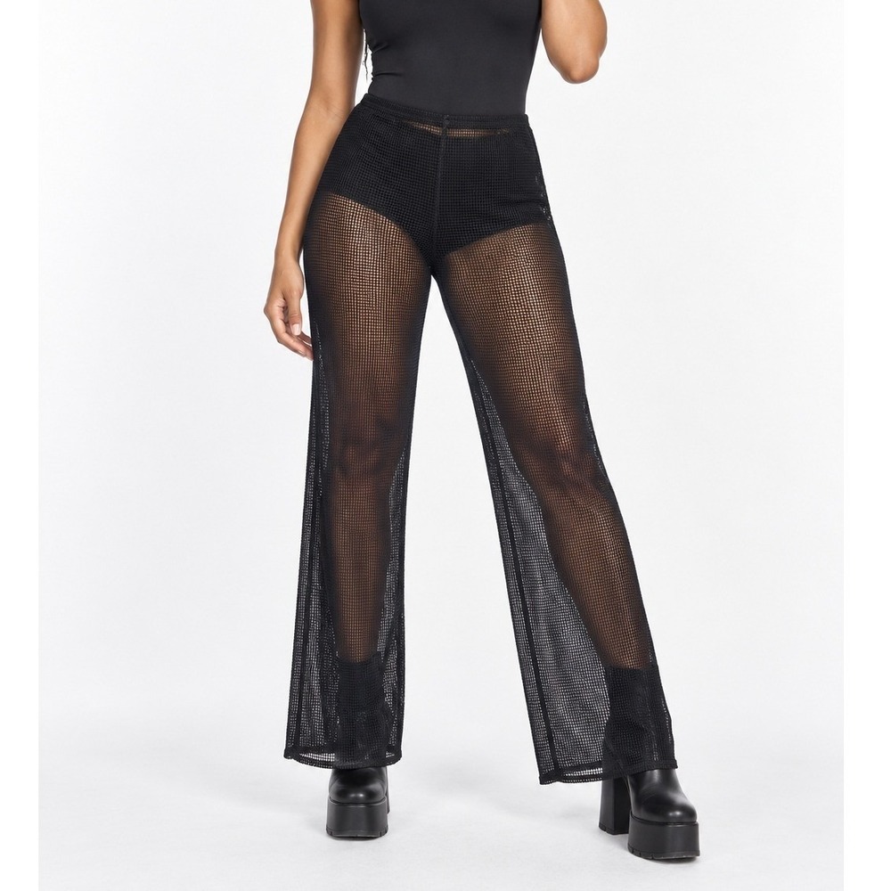 Black Sheer Mesh Wide Leg Pants Rave Goth Festival Clubwear Alternative Grunge